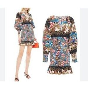 RHODE Anya Printed Blouson-Sleeve Smocked Dress In Chain Print Women's Medium